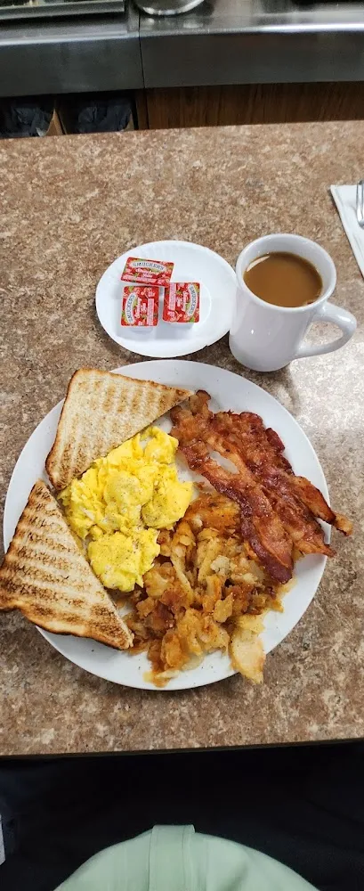 Bacon Eggs Toast and Home Fries with Hot Coffee